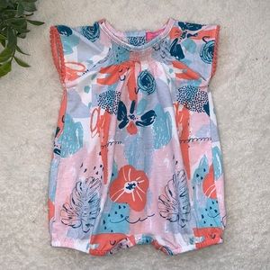 Isaac Mizrahi Blue & Coral Orange Bubble Romper 0-3M EUC